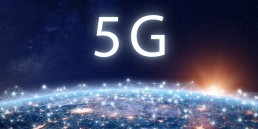 5G mobile internet telecommunication network with high speed wireless data connection technology for smartphones and IoT. Fifth generation system deployment concept with Earth viewed from space