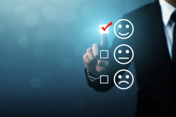 Businessmen choose to rating score happy icons. Customer service experience and business satisfaction survey concept